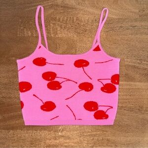 Forever 21 Cherry Print Crop Top Small Pink Knit Cami Y2K Aesthetic